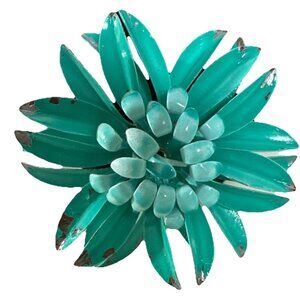 Vintage Retro Enamel Teal Flower Brooch Pin 3” Floral Blossom Granny Nostalgia